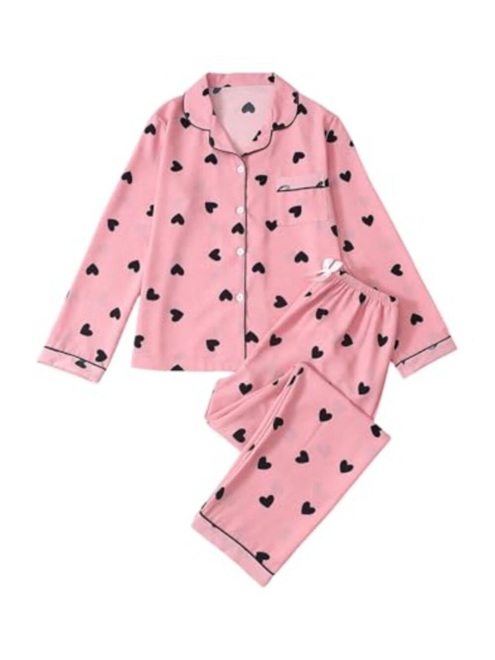 Heart Print 2 Piece Pajama Set Long Sleeve Button Down Sleepwear Pants